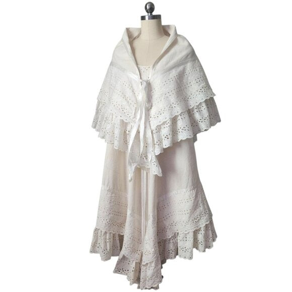 JOSEFA 70's Boho Bridal Eyelet Ruffle Folk Style Prairie dress with shawl/cape