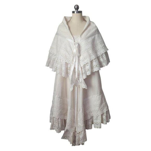 JOSEFA 70's Boho Bridal Eyelet Ruffle Folk Style Prairie dress with shawl/cape