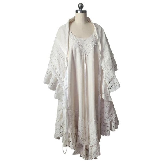 JOSEFA 70's Boho Bridal Eyelet Ruffle Folk Style Prairie dress with shawl/cape