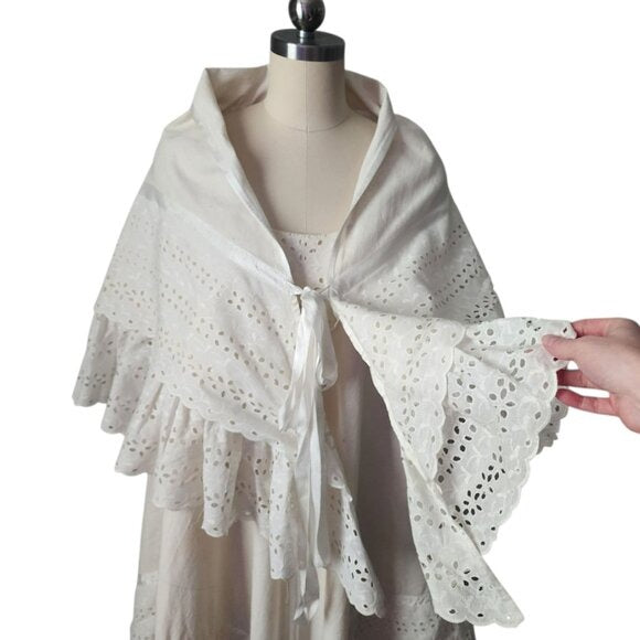 JOSEFA 70's Boho Bridal Eyelet Ruffle Folk Style Prairie dress with shawl/cape