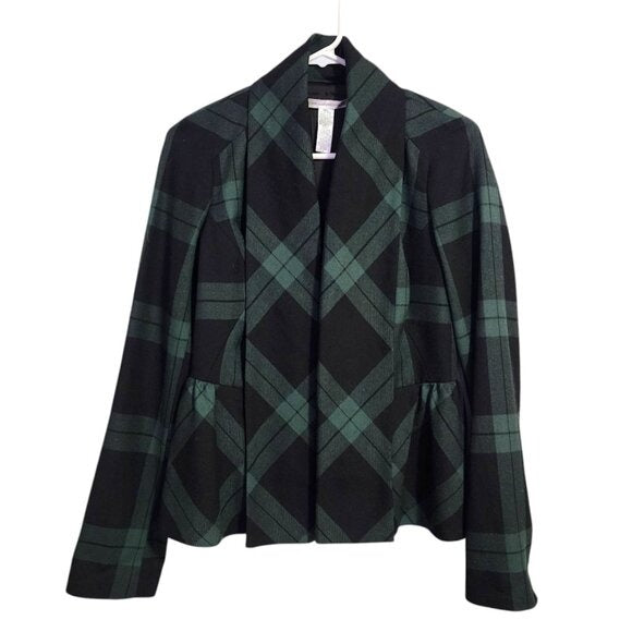 DVF Charleville shawl collar Plaid Wool Peplum Blazer Jacket in Black Green 6
