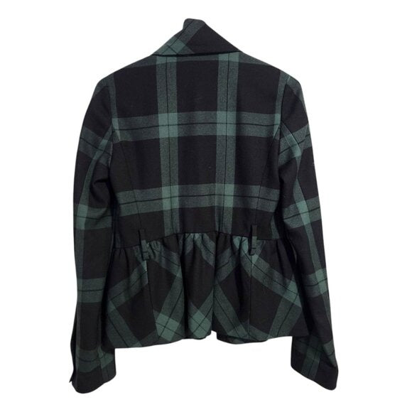 DVF Charleville shawl collar Plaid Wool Peplum Blazer Jacket in Black Green 6
