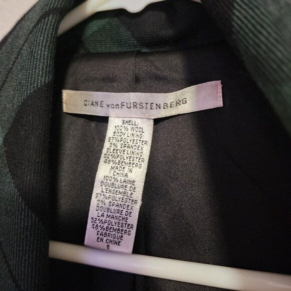 DVF Charleville shawl collar Plaid Wool Peplum Blazer Jacket in Black Green 6