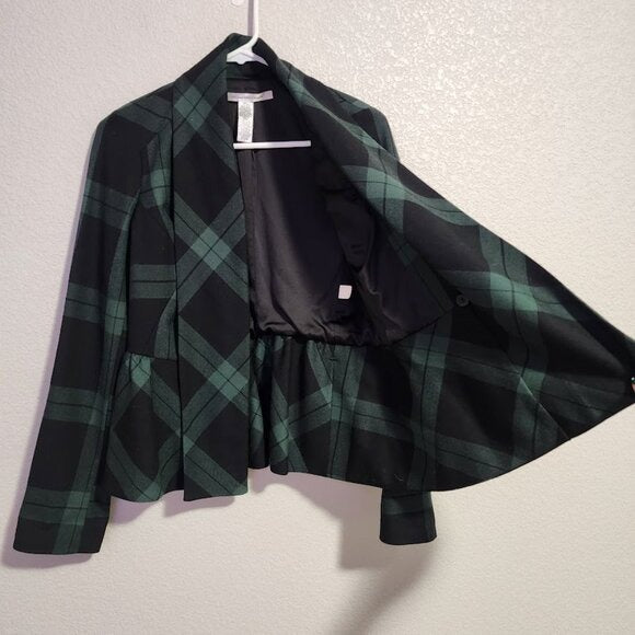 DVF Charleville shawl collar Plaid Wool Peplum Blazer Jacket in Black Green 6