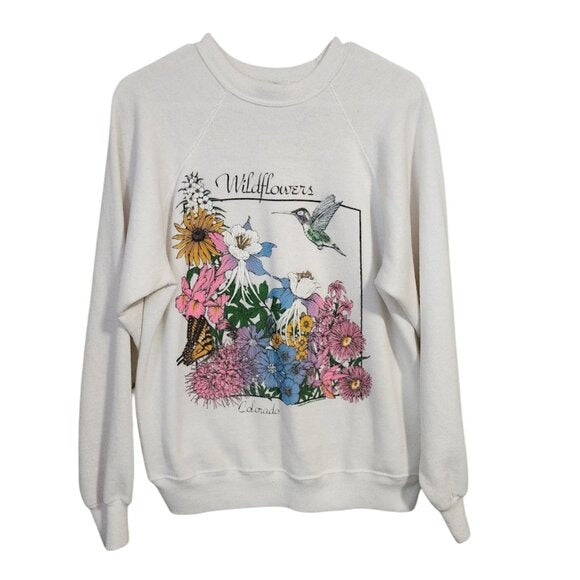 VTG 80s TULTEX Colorado Wildflowers Sweatshirt Nature Graphic Hummingbird floral
