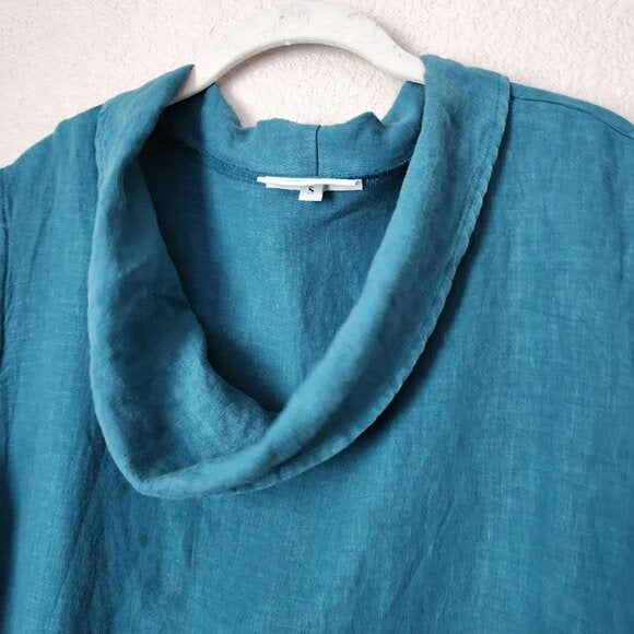 BRYN WALKER 100% linen lagenlook tunic top pockets drape collar size S teal