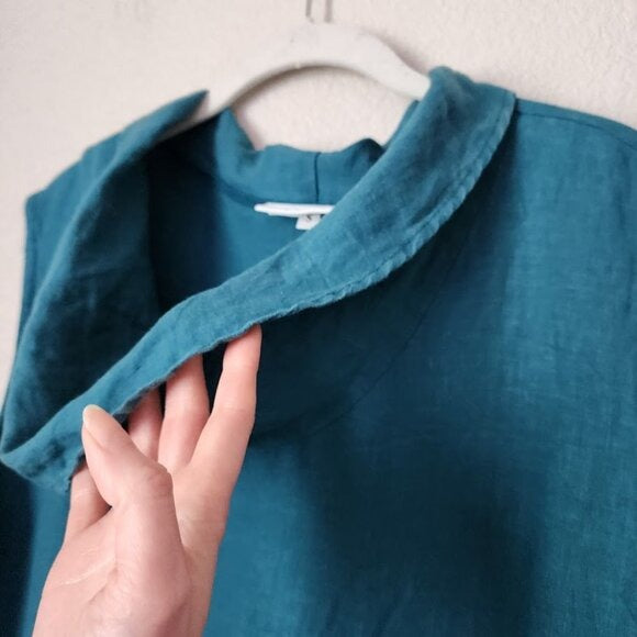 BRYN WALKER 100% linen lagenlook tunic top pockets drape collar size S teal