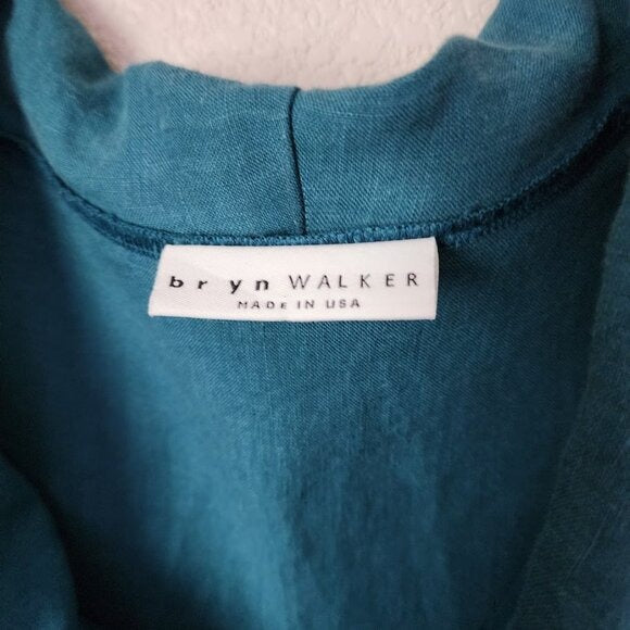 BRYN WALKER 100% linen lagenlook tunic top pockets drape collar size S teal