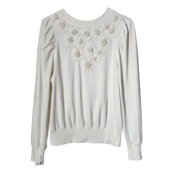 ANTHROPOLOGIE Cream Embroidered sweatshirt puff shoulder floral size S