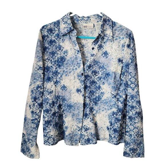 FADED GLORY Y2K Blue White Floral Lace Button Up Blouse 100% Nylon Semi Sheer M