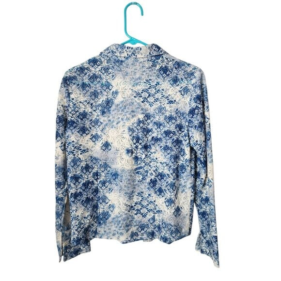 FADED GLORY Y2K Blue White Floral Lace Button Up Blouse 100% Nylon Semi Sheer M