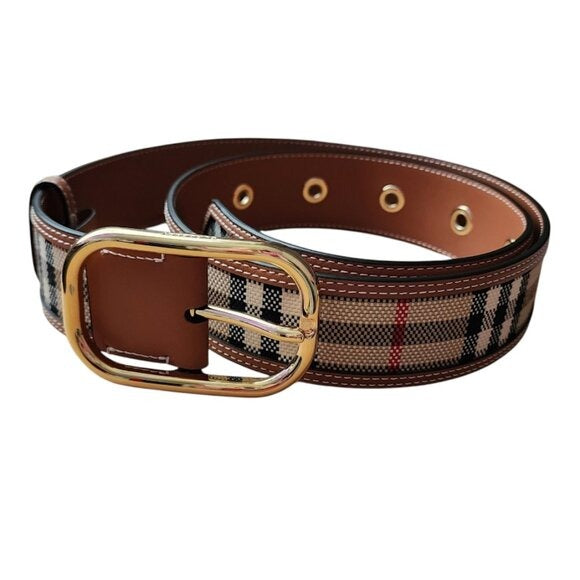 BURBERRY Vintage check and leather belt gold tone hard wear size M