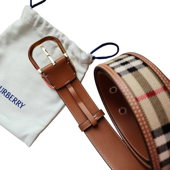 BURBERRY Vintage check and leather belt gold tone hard wear size M