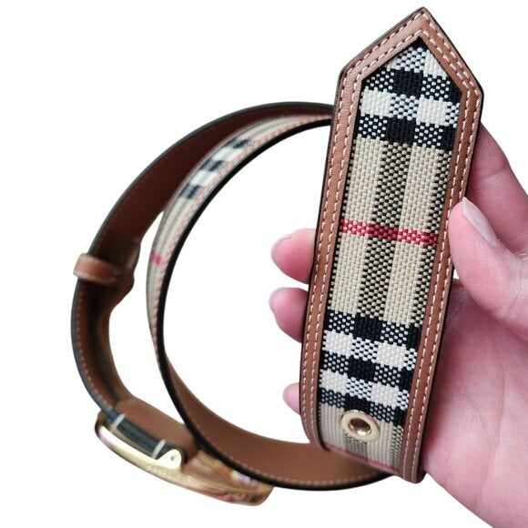 BURBERRY Vintage check and leather belt gold tone hard wear size M
