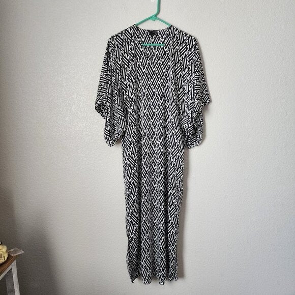 NATORI geometric print black white Caftan maxi wide split sleeve size XS