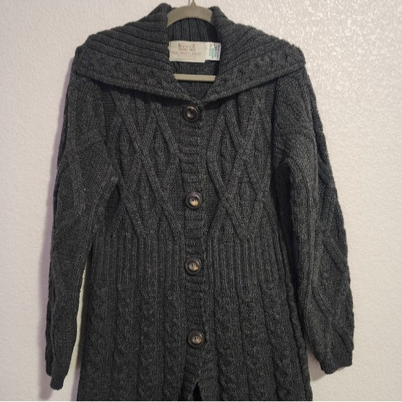 ARAN SWEATER MARKET Knit Trench Sweater coat 100% merino wool charcoal M
