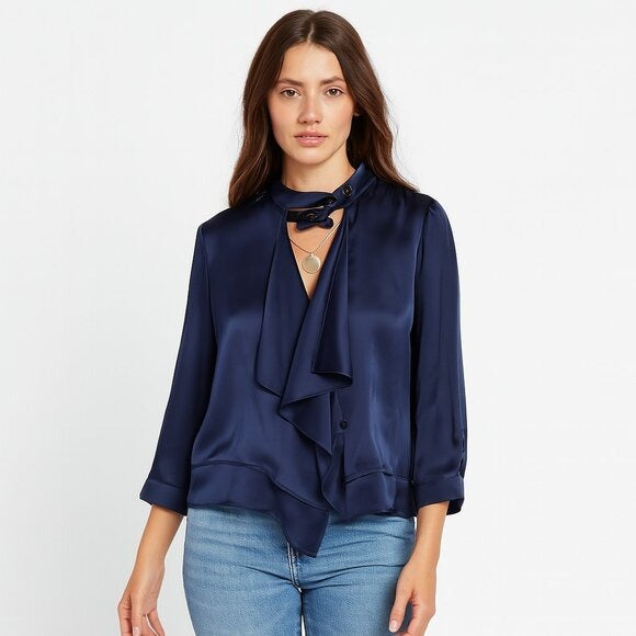 VIOLA Navy Blue Satin Ruffle Neck Blouse Asymmetrical Tie Front Top NWT Size 38