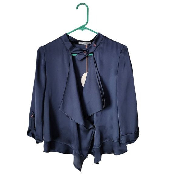 VIOLA Navy Blue Satin Ruffle Neck Blouse Asymmetrical Tie Front Top NWT Size 38