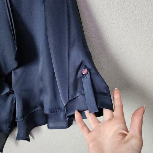 VIOLA Navy Blue Satin Ruffle Neck Blouse Asymmetrical Tie Front Top NWT Size 38