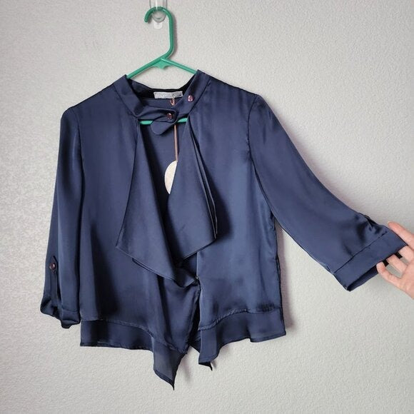 VIOLA Navy Blue Satin Ruffle Neck Blouse Asymmetrical Tie Front Top NWT Size 38