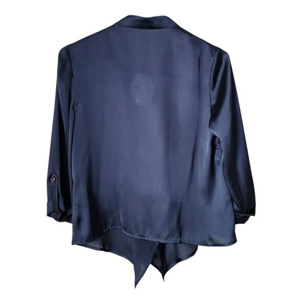 VIOLA Navy Blue Satin Ruffle Neck Blouse Asymmetrical Tie Front Top NWT Size 38