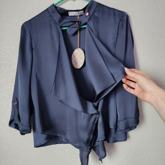 VIOLA Navy Blue Satin Ruffle Neck Blouse Asymmetrical Tie Front Top NWT Size 38
