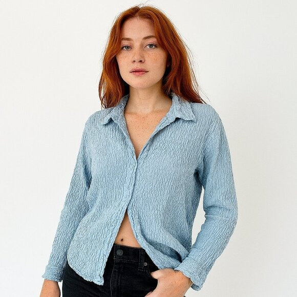 FADED GLORY VINTAGE 90s Textured Crinkle Hook & Eye Shirt Sky Blue XL