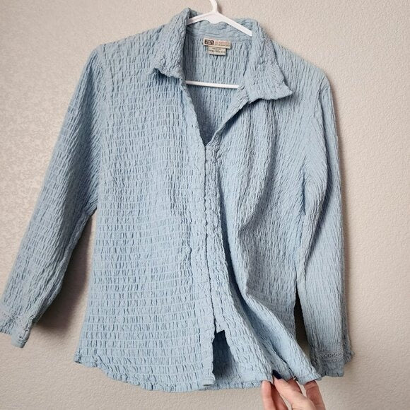 FADED GLORY VINTAGE 90s Textured Crinkle Hook & Eye Shirt Sky Blue XL