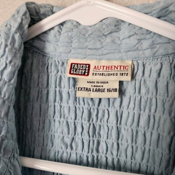FADED GLORY VINTAGE 90s Textured Crinkle Hook & Eye Shirt Sky Blue XL