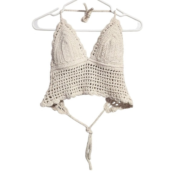 CROCHET Boho Festival Knit Halter Top in Cream