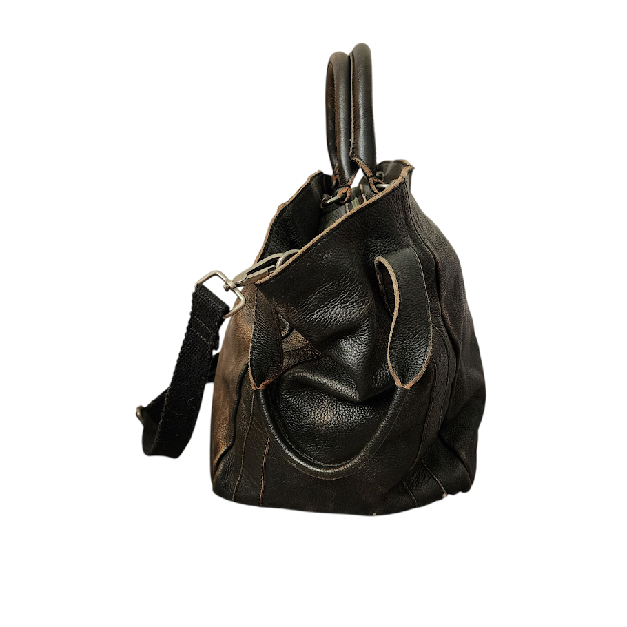 FREE PEOPLE Leslie Tote Leather Shoulder Crossbody Bag Black/Chocolate Distressed XL