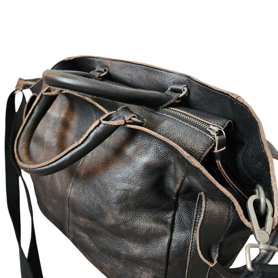 FREE PEOPLE Leslie Tote Leather Shoulder Crossbody Bag Black/Chocolate Distressed XL