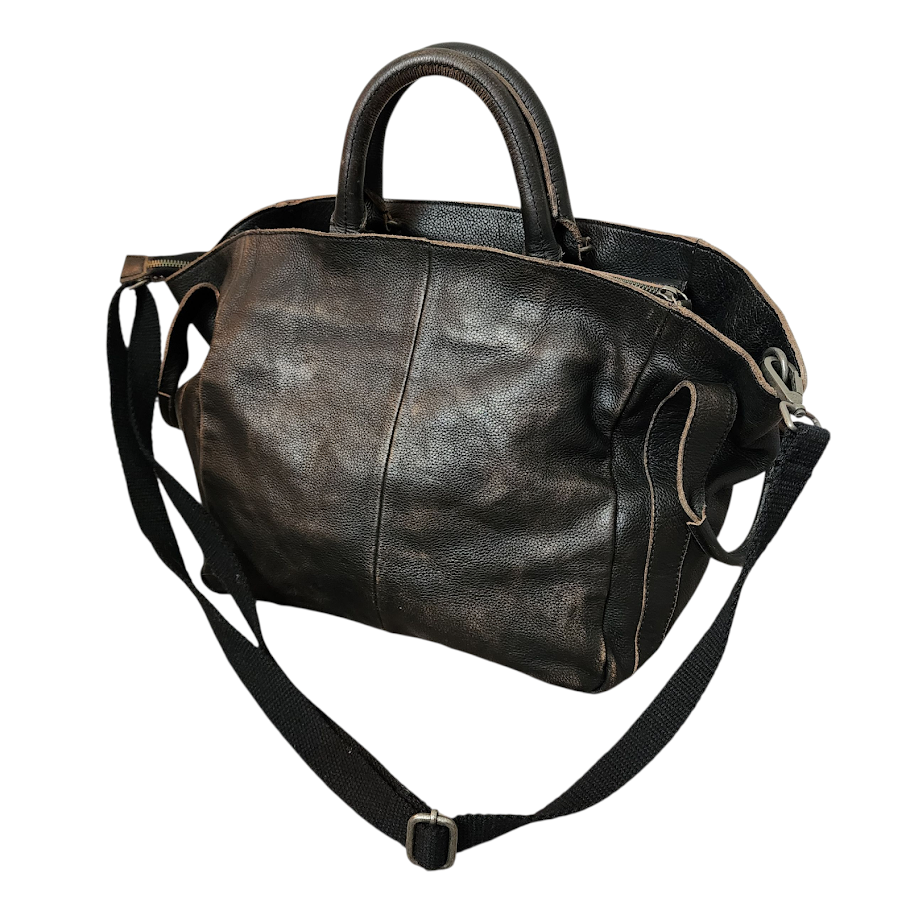 FREE PEOPLE Leslie Tote Leather Shoulder Crossbody Bag Black/Chocolate Distressed XL