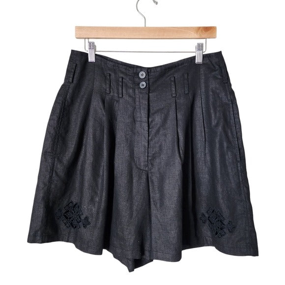 REBECCA TAYLOR 100% linen lagenlook black cut out high rise flowy shorts 10