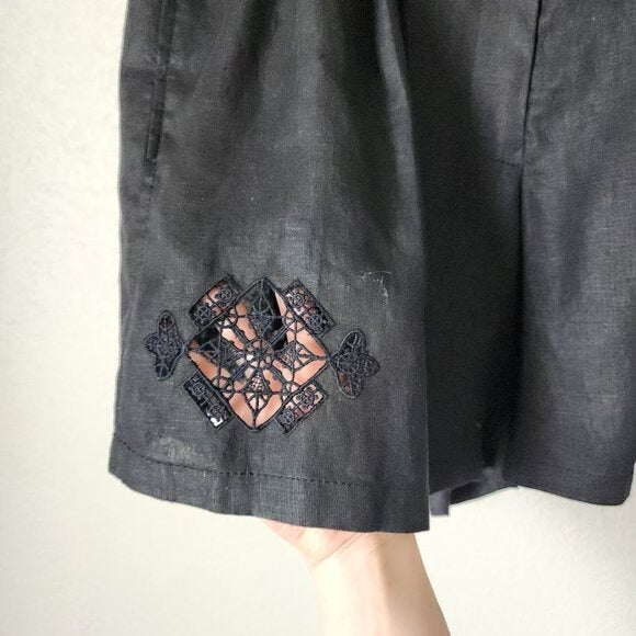 REBECCA TAYLOR 100% linen lagenlook black cut out high rise flowy shorts 10