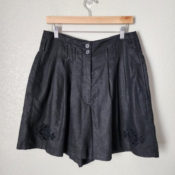 REBECCA TAYLOR 100% linen lagenlook black cut out high rise flowy shorts 10