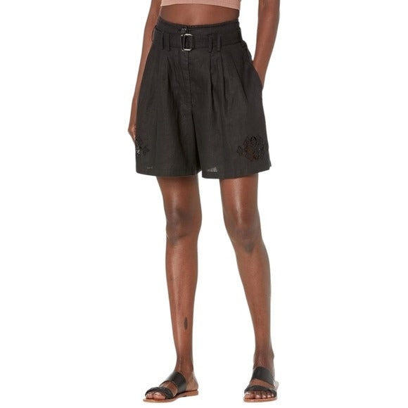REBECCA TAYLOR 100% linen lagenlook black cut out high rise flowy shorts 10