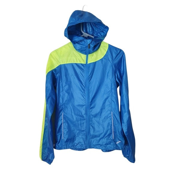 BROOKS Shelter Technology Running Jacket Hooded Windbreaker Full Zip in blue XS