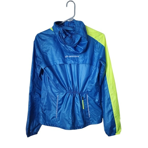 BROOKS Shelter Technology Running Jacket Hooded Windbreaker Full Zip in blue XS