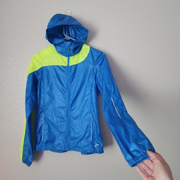 BROOKS Shelter Technology Running Jacket Hooded Windbreaker Full Zip in blue XS