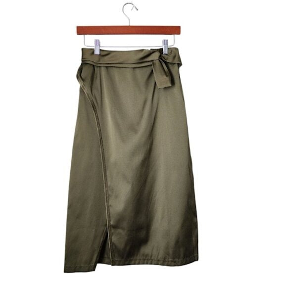 3.1 PHILLIP LIM bow wrap waist midi skirt in satin olive green 2