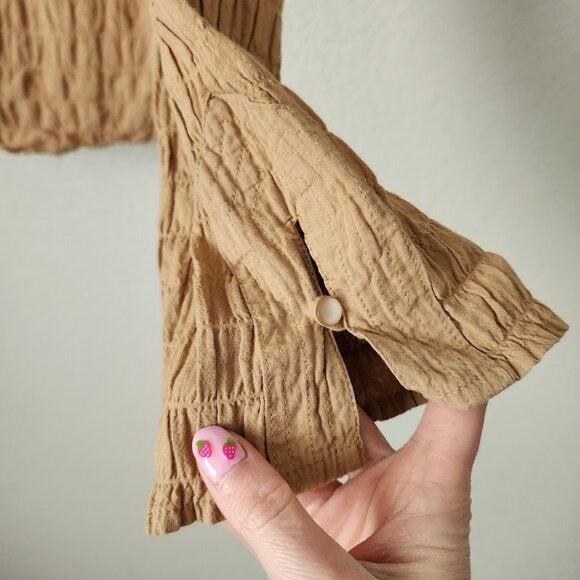 ANDREW & CO VINTAGE Crinkle Textured Button Front Blouse Y2K Latte L