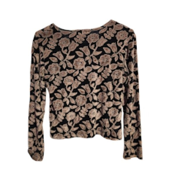 CITRON VINTAGE Y2K sheer mesh long sleeve top floral brocade black / tan L