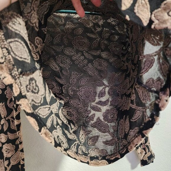 CITRON VINTAGE Y2K sheer mesh long sleeve top floral brocade black / tan L