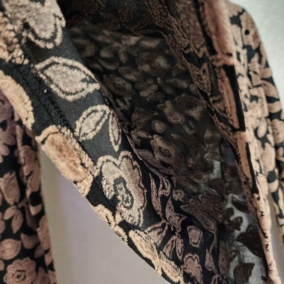 CITRON VINTAGE Y2K sheer mesh long sleeve top floral brocade black / tan L