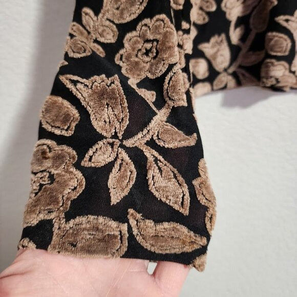 CITRON VINTAGE Y2K sheer mesh long sleeve top floral brocade black / tan L