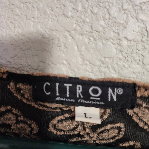 CITRON VINTAGE Y2K sheer mesh long sleeve top floral brocade black / tan L