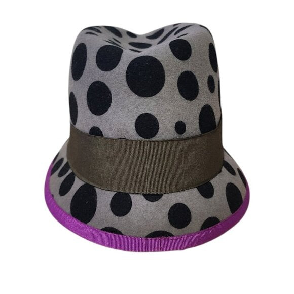 ELLEN PAULSSEN 100% wool Germany polkadot fedora hat grey purple