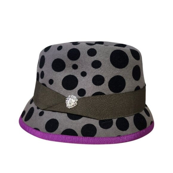 ELLEN PAULSSEN 100% wool Germany polkadot fedora hat grey purple