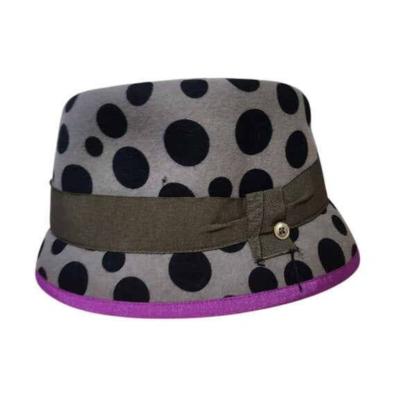 ELLEN PAULSSEN 100% wool Germany polkadot fedora hat grey purple